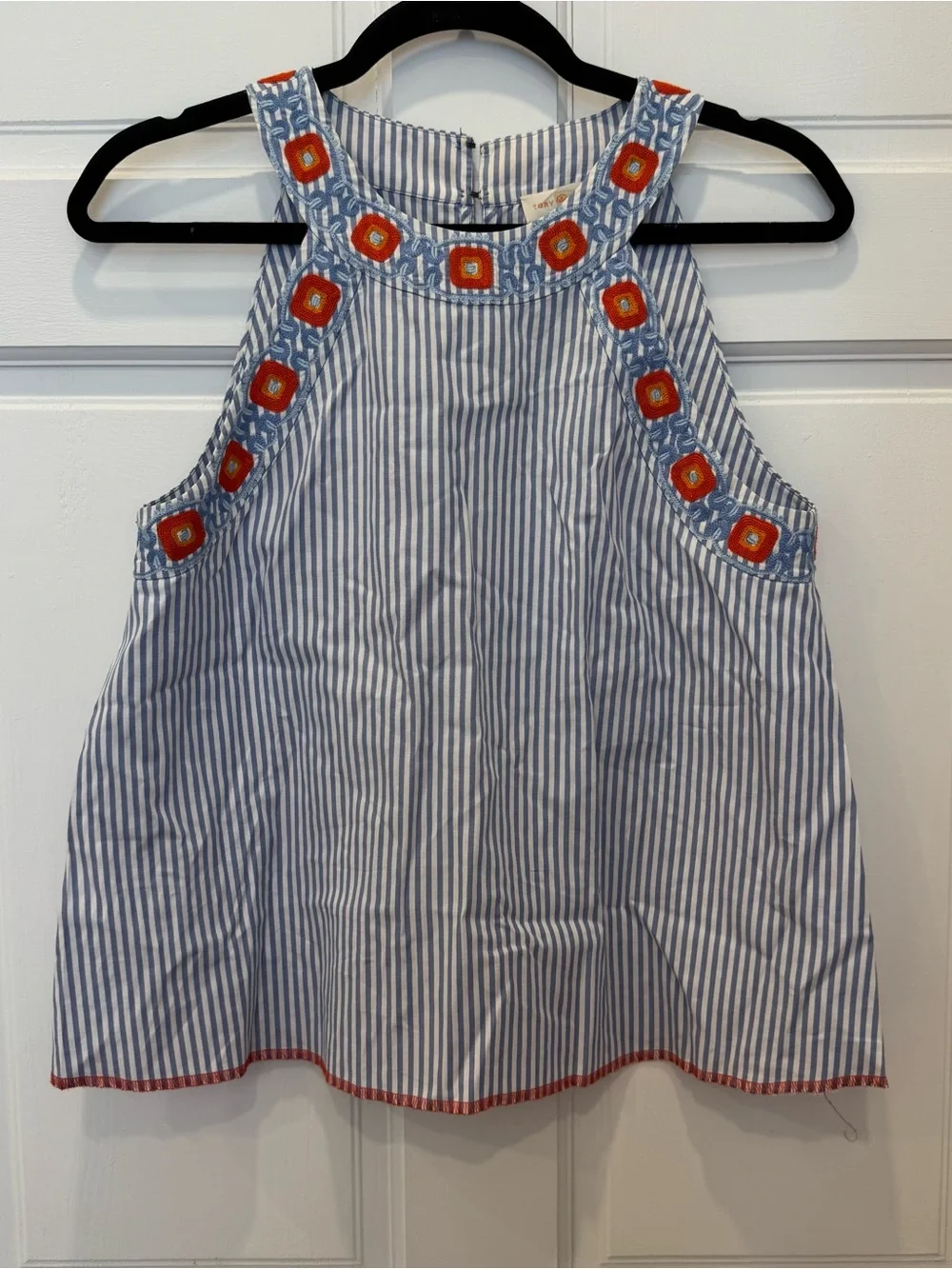 Tory Burch Meg Striped Embroidered Halter Top 6 Blue White Boho Coastal Chic